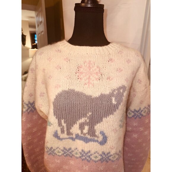 Vintage 90s Y2k Eddie Bauer Heavy Chunky Knit Wool Sweater Pastel Bear M Cottage - Picture 8 of 9